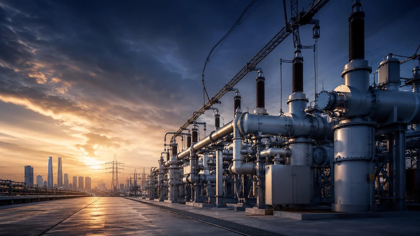 Cinematic GIS high-voltage switchgear yard at dusk