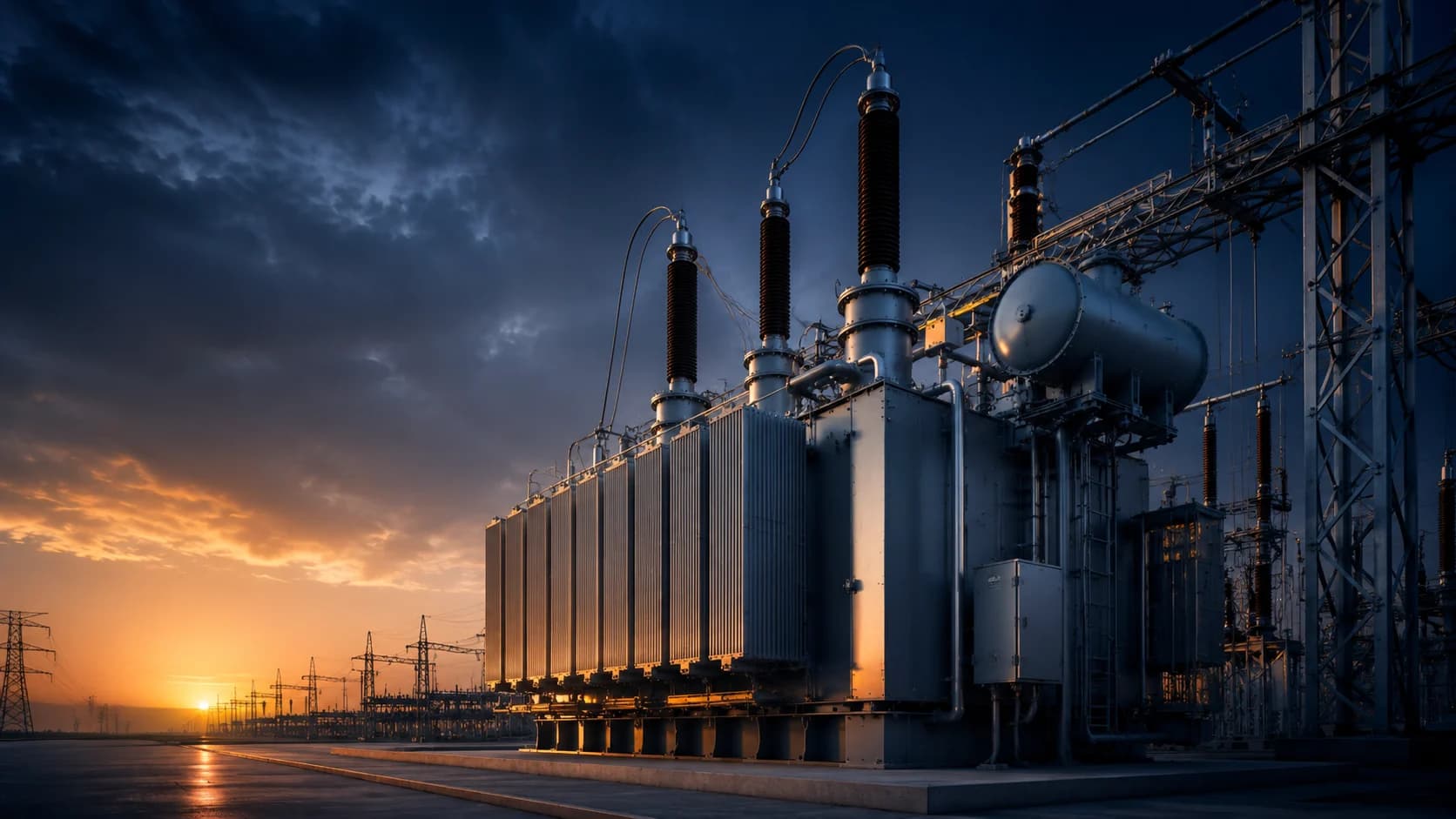 Large power transformer and substation equipment in blue steel light