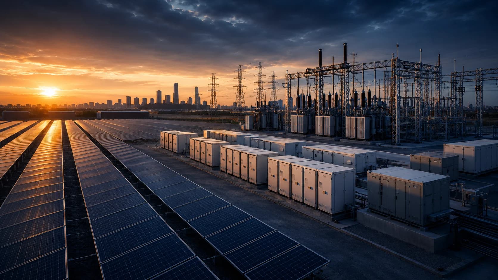 Solar panels, battery energy storage cabinets, and substation infrastructure
